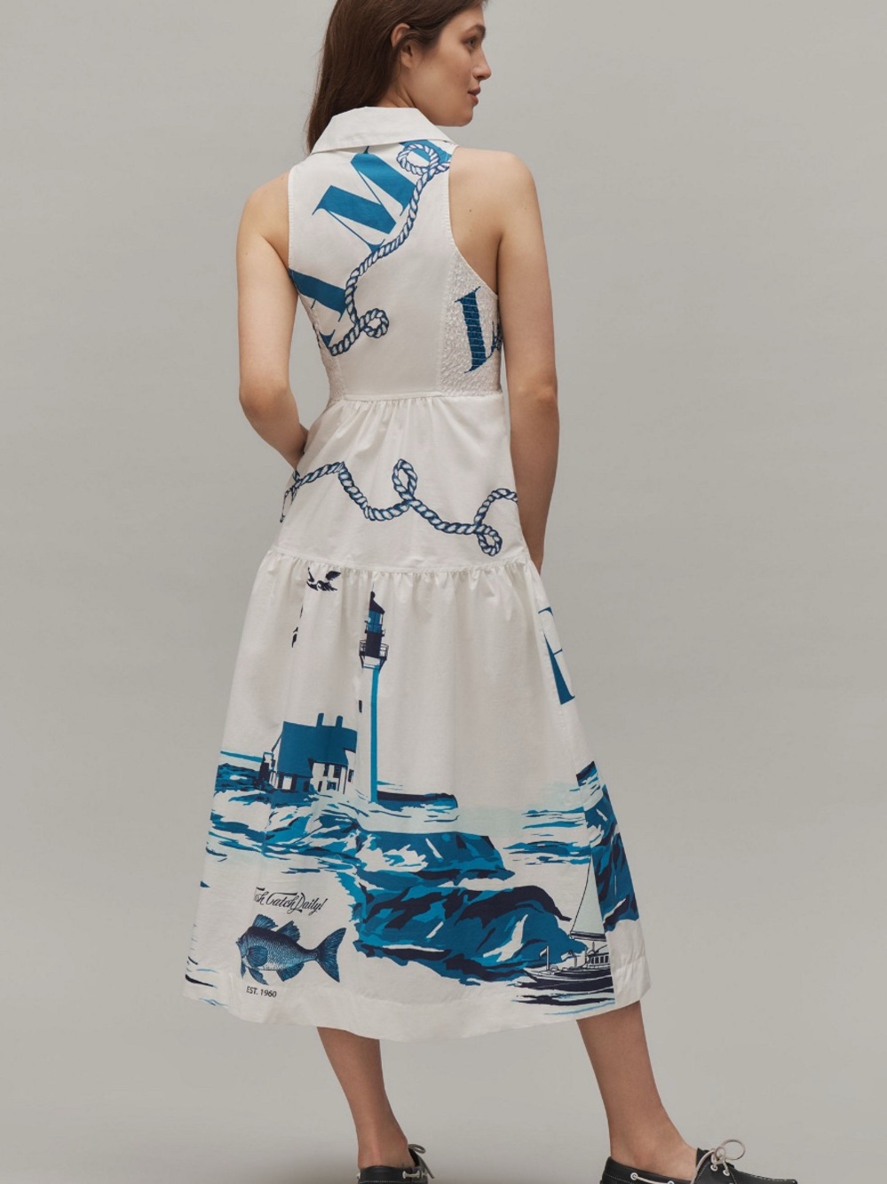 Maeve White Midi Dress with Blue Nautical Print - Picture 2 of 3